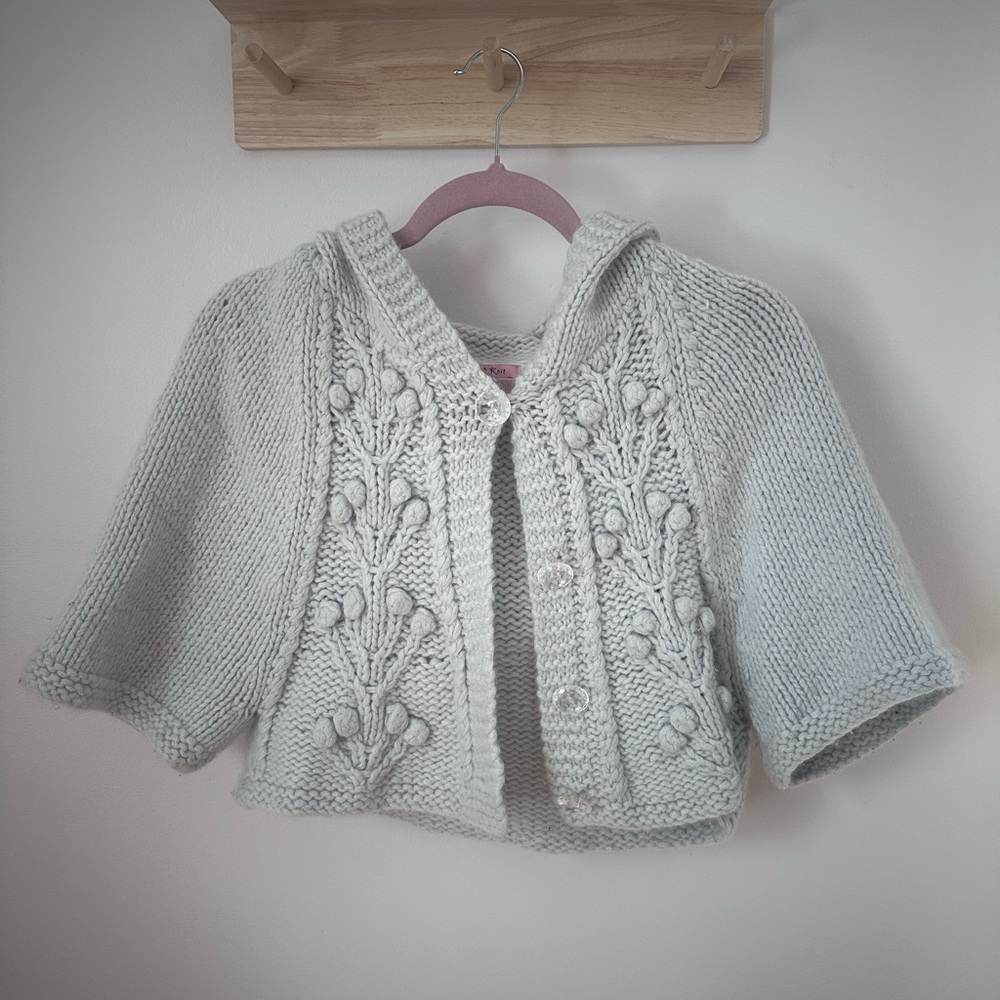 Anthropologie Cream Knit Hooded Short-Sleeve Sweater Cardigan
